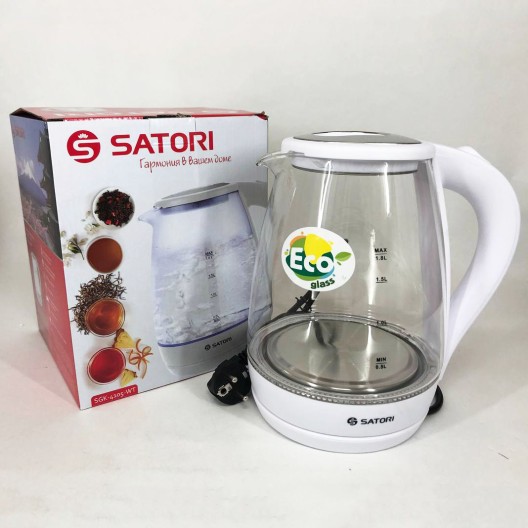 Електрочайник Satori SGK-4105-WT 1.8 л 1500 Вт, стильний електричний чайник, чайники з підсвічуванням
