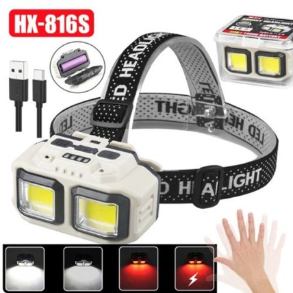 Ліхтар налобний акумуляторний Bailong HX-816S 2COB(white+red) із сенсорним датчиком вологозахист
